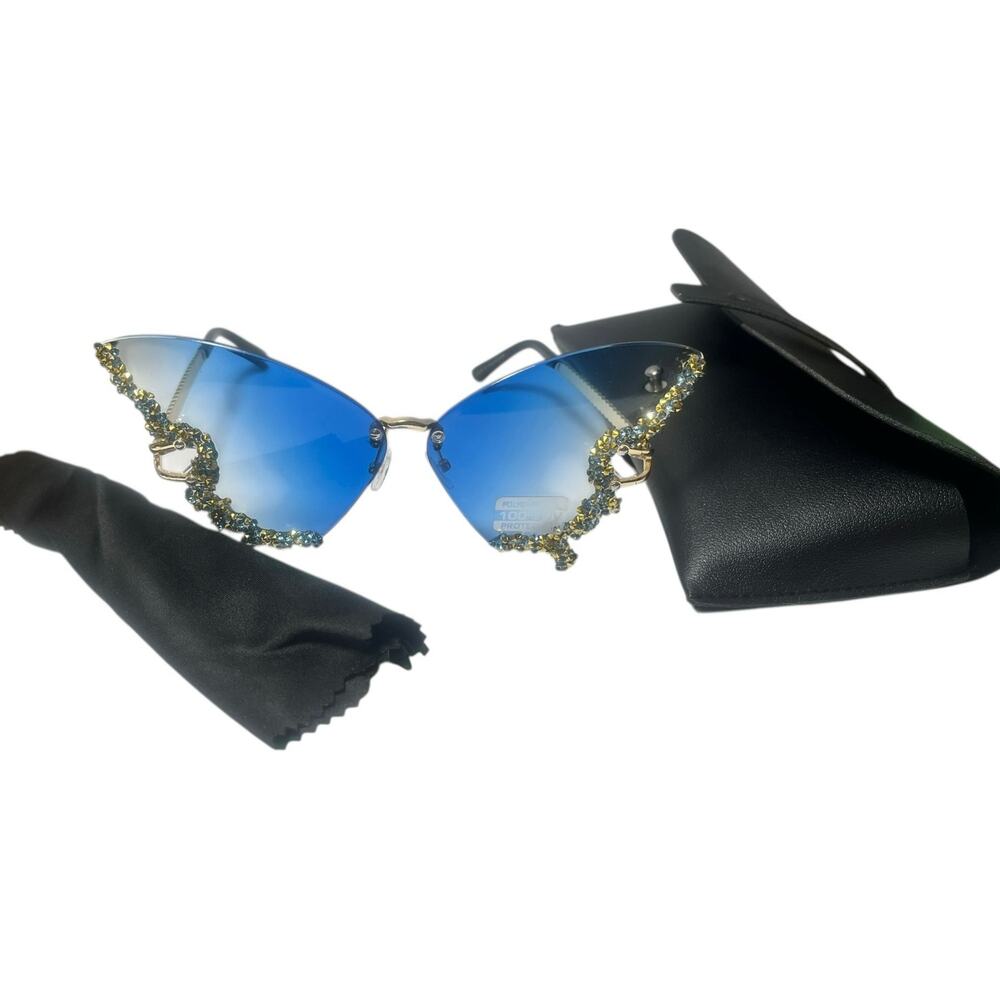 Blue Butterfly UV 400 Frameless with Artificial Crystals with Case